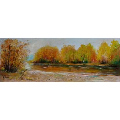 Jesień nad wodą  obraz olejny 30-80cm, Grażyna Potocka, obrazy olejne