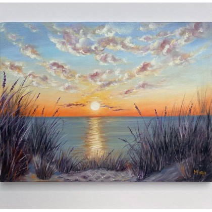 Fioletowy zachód słońca nad morzem., Myroslava Burlaka, obrazy olejne