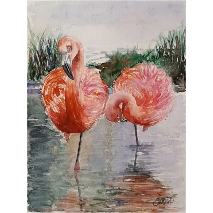 Flamingi, Akwarela 24 x 32 cm, Joanna Tomczyk, obrazy akwarela