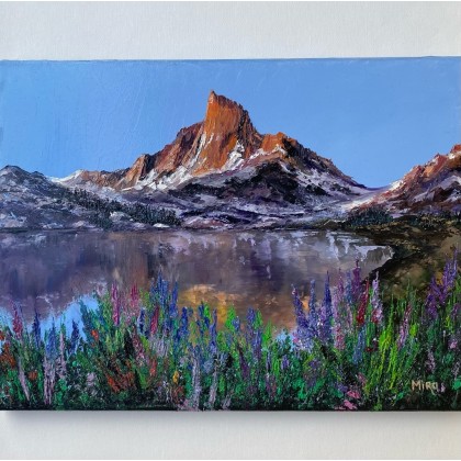 Góry, jezioro i kwiaty., Myroslava Burlaka, obrazy olejne