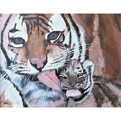 tygrysica z małym, Ewa Mościszko, obrazy akryl