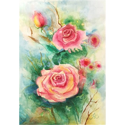 Delikatne róże, Akwarela, 22,5 X 33 cm., Joanna Tomczyk, obrazy akwarela