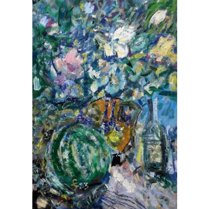 Arbuz i kwiaty, 70x100, 2023, Eryk Maler, obrazy olejne