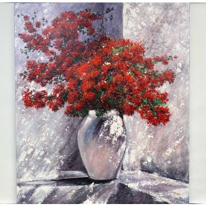 Czerwone kwiaty w wazonie., Myroslava Burlaka, obrazy olejne
