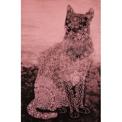 Różowy kot - linoryt 45x68cm, Ewelina Wajgert, grafika warsztatowa