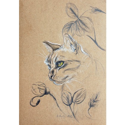 Kot w ogrodzie, Amelia Augustyn, rysunek ołówkiem