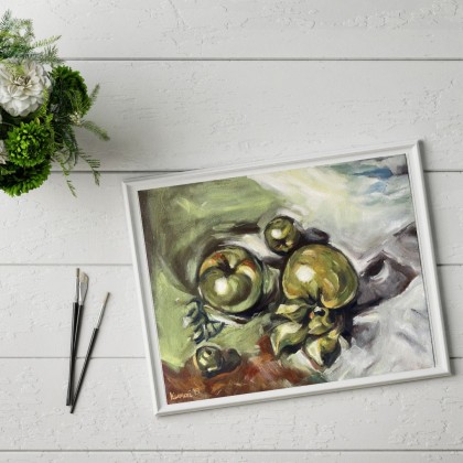Agnieszka Kumoń - obrazy olejne - Obraz Jabłka wg C. Monet, 33×41 cm, olej na płótnie, 2019 foto #1