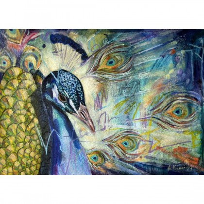 Obraz Peacock, techniki mieszane akryl + olej na papierze 300g, 80x60 cm, Agnieszka Kumoń, obrazy tech. mieszana