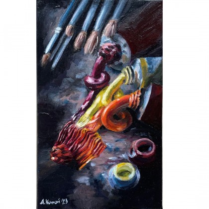 Obraz Atrybuty Malarza, 15×25 cm, olej na płótnie, 2023, Agnieszka Kumoń, obrazy olejne