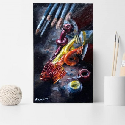 Agnieszka Kumoń - obrazy olejne - Obraz Atrybuty Malarza, 15×25 cm, olej na płótnie, 2023 foto #1