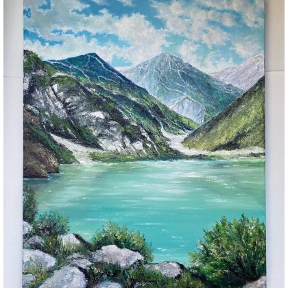 Szmaragdowe jezioro w górach., Myroslava Burlaka, obrazy olejne