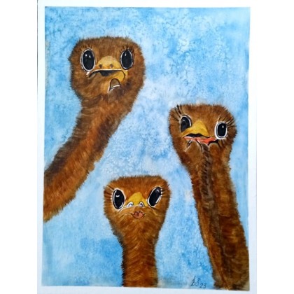 Bajko ty moja- Strusie, akwarela form 24x32, Bogumiła Szufnara, obrazy akwarela