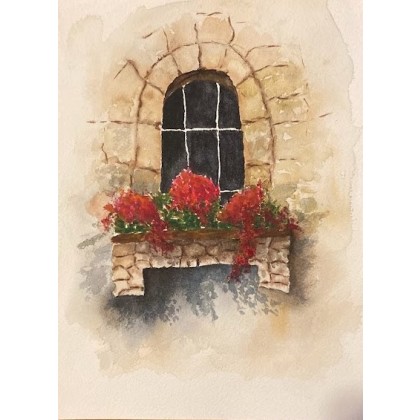 Okno z kwiatami na parapecie, Bohomazy Obrazy, obrazy akwarela