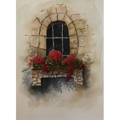 Bohomazy Obrazy - obrazy akwarela - Okno z kwiatami na parapecie foto #1