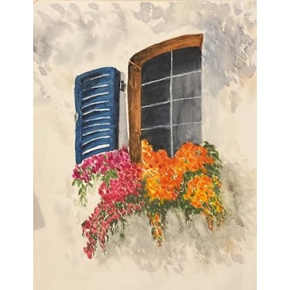 Okno z kwiatami na parapecie 2, Bohomazy Obrazy, obrazy akwarela