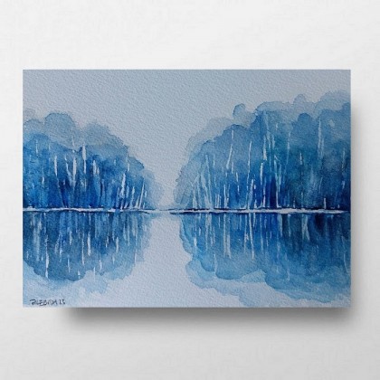 Niebieski las-  akwarela, Paulina Lebida, obrazy akwarela