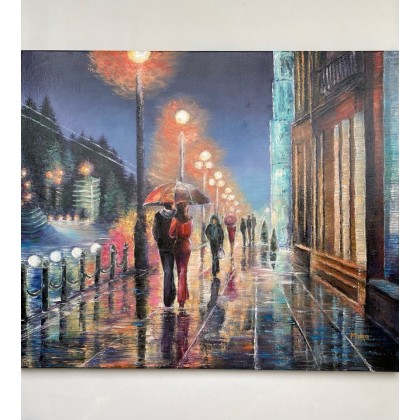 Wieczorny spacer po mieście w deszczu., Myroslava Burlaka, obrazy olejne