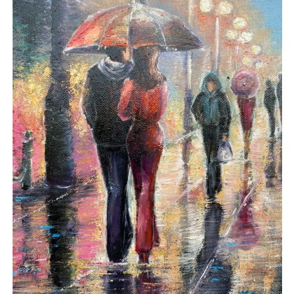 Myroslava Burlaka - obrazy olejne - Wieczorny spacer po mieście w deszczu. foto #1