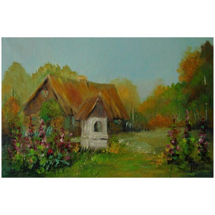 Kapliczka  z malwami 30-24 cm obraz olejny, Grażyna Potocka, obrazy olejne
