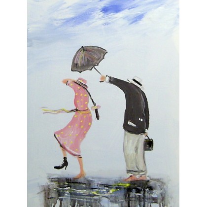 Różowa sukienka i parasol.., Dariusz Grajek, olej + akryl