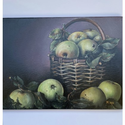 Zielone jabłka w koszu. Ekologiczna martwa natura., Myroslava Burlaka, obrazy olejne