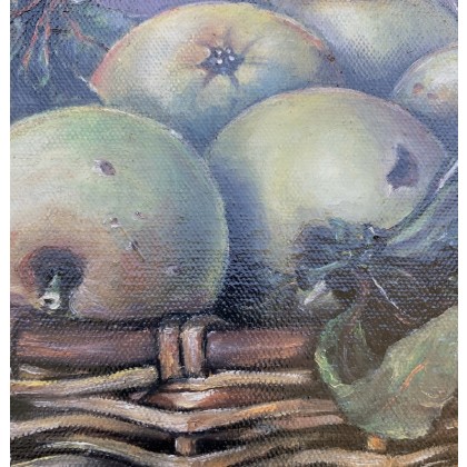Myroslava Burlaka - obrazy olejne - Zielone jabłka w koszu. Ekologiczna martwa natura. foto #1