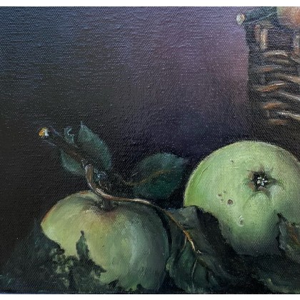 Myroslava Burlaka - obrazy olejne - Zielone jabłka w koszu. Ekologiczna martwa natura. foto #2