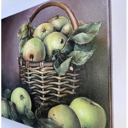 Myroslava Burlaka - obrazy olejne - Zielone jabłka w koszu. Ekologiczna martwa natura. foto #3