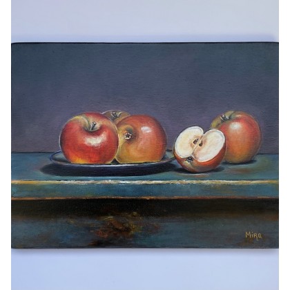 Czerwone jabłka na stole. Ekologiczna martwa natura., Myroslava Burlaka, obrazy olejne