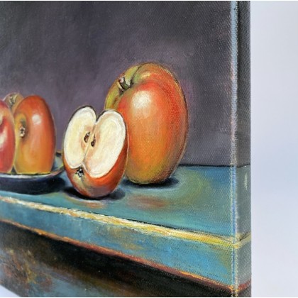 Myroslava Burlaka - obrazy olejne - Czerwone jabłka na stole. Ekologiczna martwa natura. foto #3