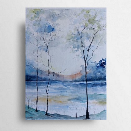 Pejzaż niebiesko-szary- akwarela formatu 24/32 cm, Paulina Lebida, obrazy akwarela