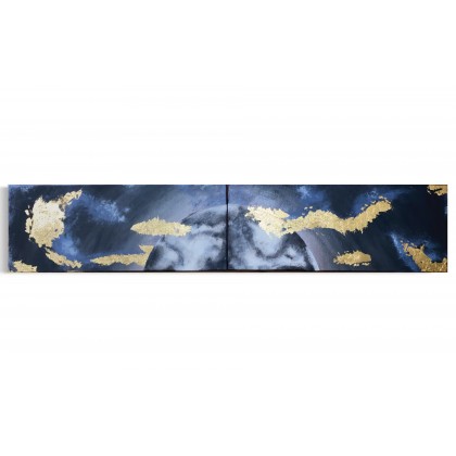 Księżyc w złotych chmurach 20X100 cm złoto w płatkach,  Sandra Sójka, obrazy tech. mieszana