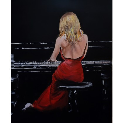 Pianistka w czerwonej sukni, Wojciech Matuszny, obrazy akryl