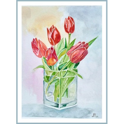 Tulipany w wazonie,  akwarela .240x320 mm, Bogumiła Szufnara, obrazy akwarela