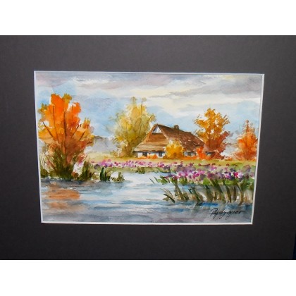 Pejzaż jesienny z chatką, Danuta Rydygier, obrazy akwarela
