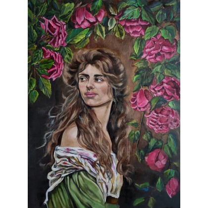 Kobieta I, portret, kwiaty, róże, KingaOilArt, obrazy olejne