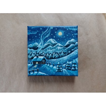 Mini zimowy pejzaż 10x10cm, Joanna Podolska, obrazy akryl