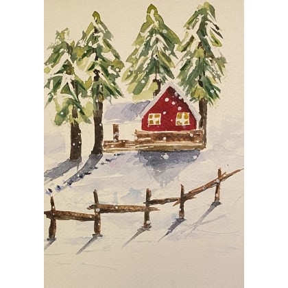 Czerwona chatka zimą, Bohomazy Obrazy, obrazy akwarela