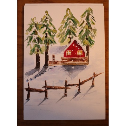 Bohomazy Obrazy - obrazy akwarela - Czerwona chatka zimą foto #1