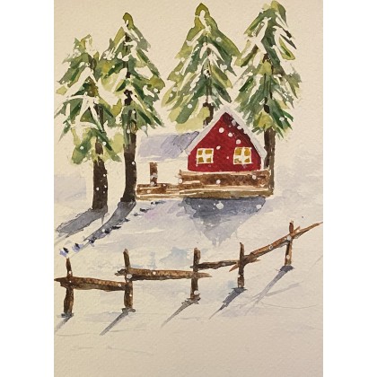 Bohomazy Obrazy - obrazy akwarela - Czerwona chatka zimą foto #2