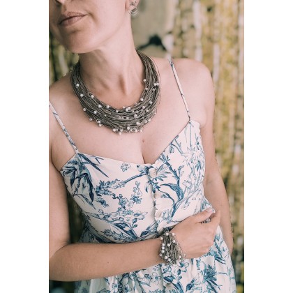 Dominika Brzozowska - komplety - komplet biżuterii lnianej z białymi perełkami foto #1