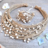 komplet biżuterii lnianej z białymi perełkami