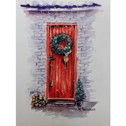 Obraz akwarela drzwi świąteczne zima, Bogdan Tkachenka, obrazy akwarela