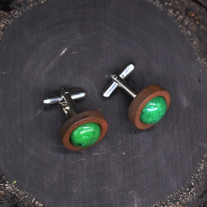 Drewniane spinki do mankietów z kamieniem / zielony jadeit #44, Witchcraft Apparel, biżuteria męska