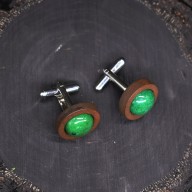 Drewniane spinki do mankietów z kamieniem / zielony jadeit #44