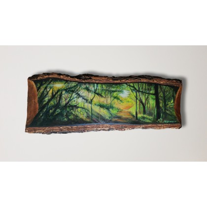 Obraz Pejzaż leśny na drewnie dębowym 120 x 45 cm, Patrick Jaworowicz, obrazy akryl