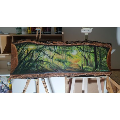 Patrick Jaworowicz - obrazy akryl - Obraz Pejzaż leśny na drewnie dębowym 120 x 45 cm foto #1