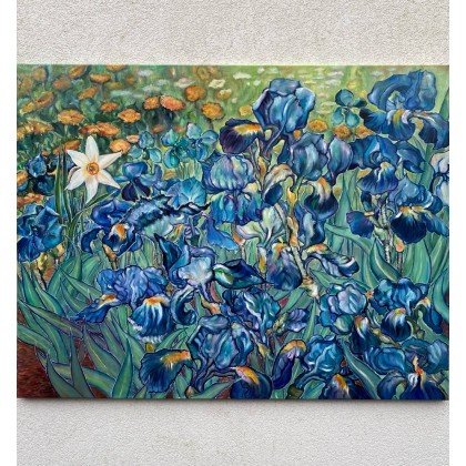 Irysy w stylu Van Gogha i narcyz., Myroslava Burlaka, obrazy olejne