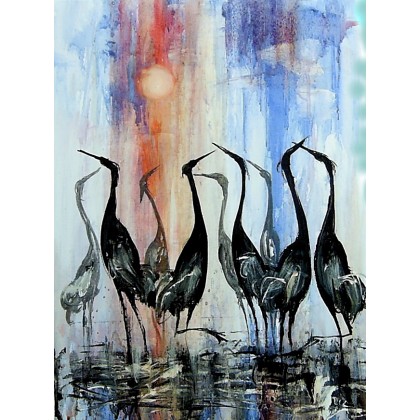 Słońce i ptaki...., Dariusz Grajek, olej + akryl