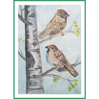 Wróbelki. /240x320 mm/, Bogumiła Szufnara, obrazy akwarela